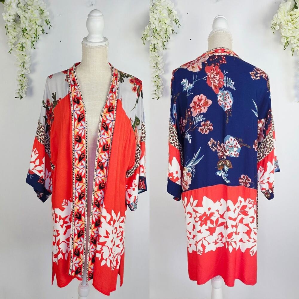 John Mark Boho Kimono Cardigan Large Red Floral Beaded Vacation Layering Festiva